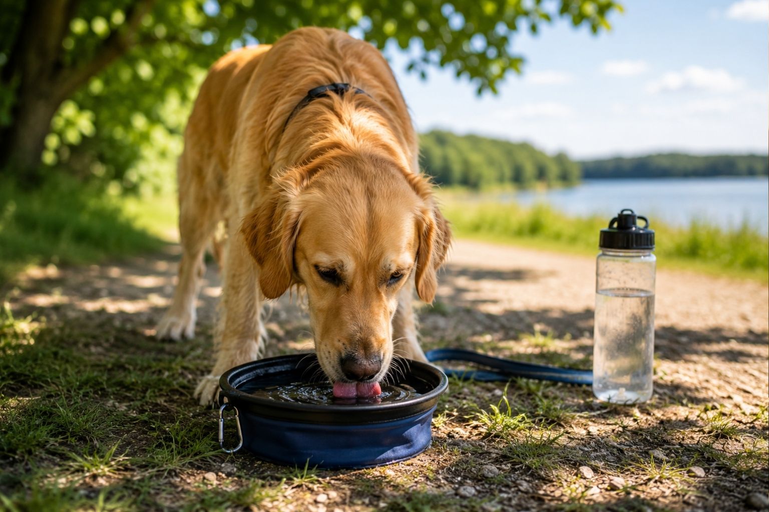 Hund dricker vatten i skuggan under en varm sommardag för att stödja vätskebalansen
